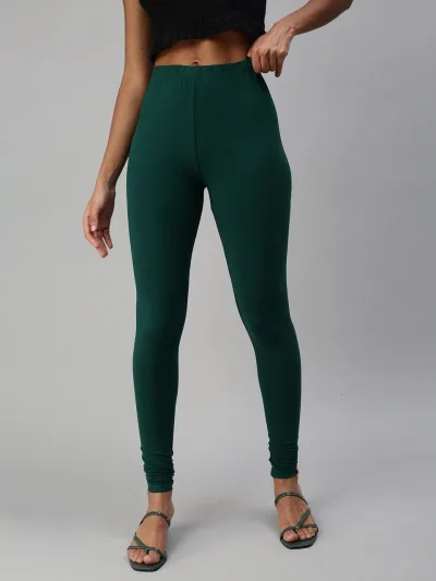 Cotton Lycra   Prisma Bottle Green Churidar Leggings.